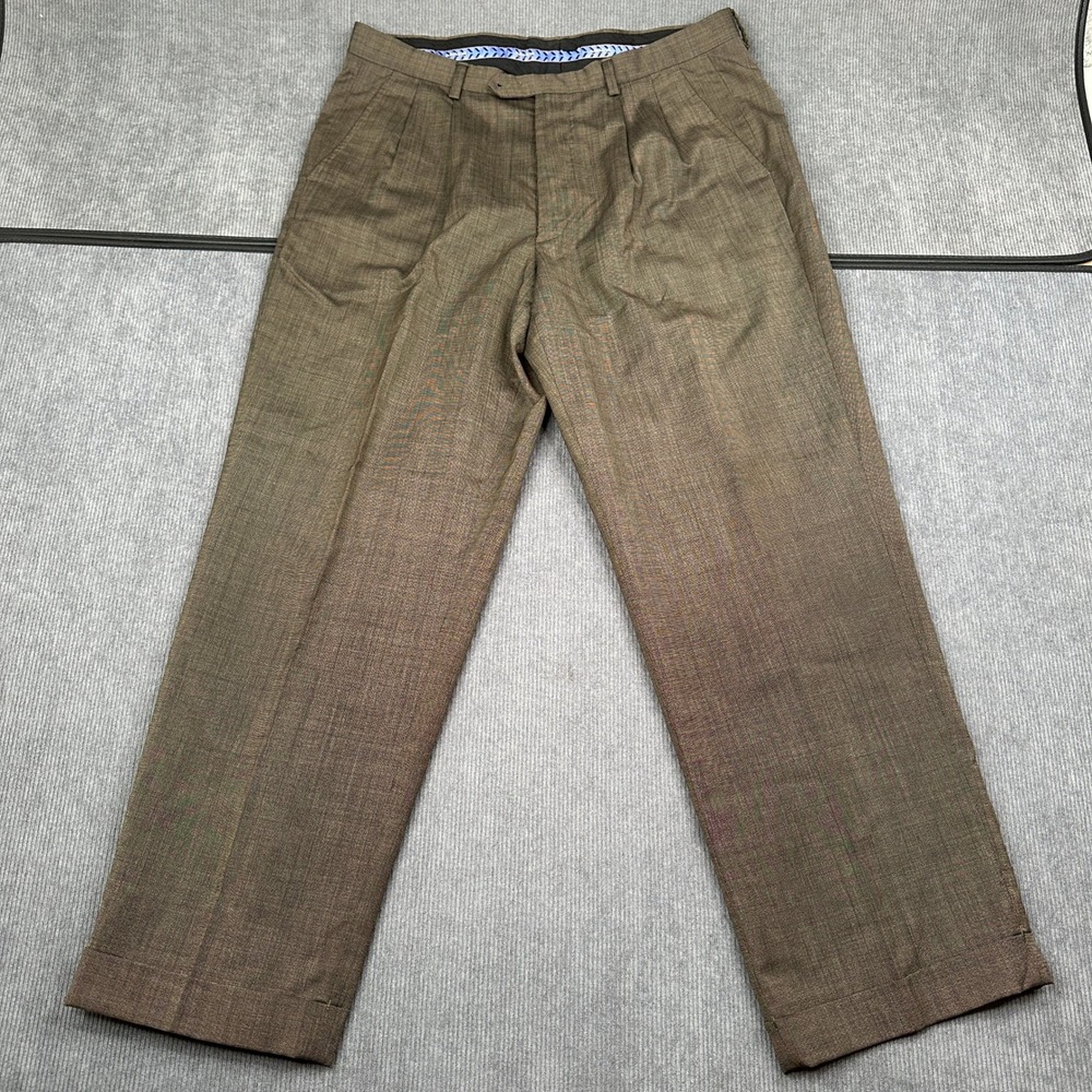 Arrow Mens Brown Wool Blend Pleated Cuffed Dress Pants 34x29 Brown Micro‎ Check